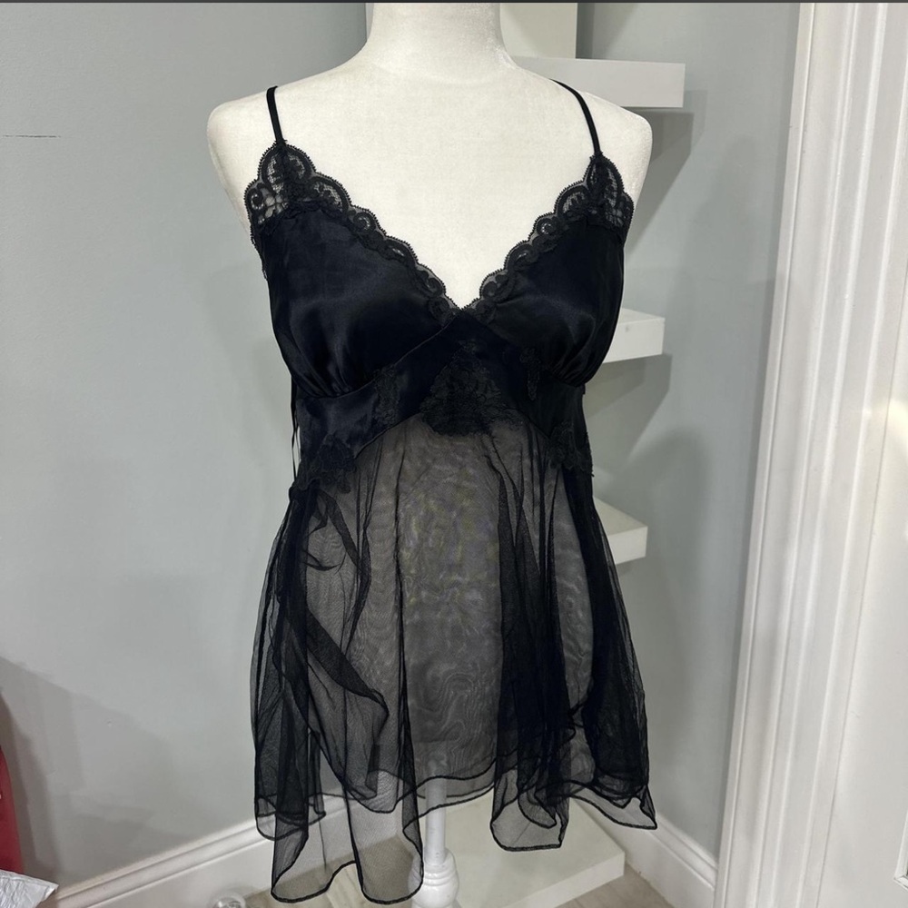 2003 Whimsygoth Victoria’s Secret Black Lace Satin Babydoll Slip Dress